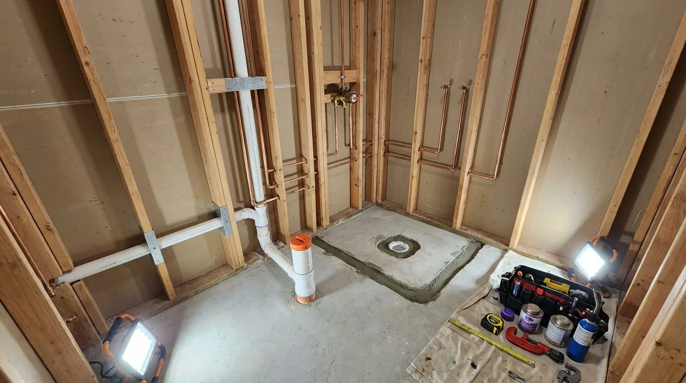 Bathroom rough-in plumbing during remodel by Johns Plumbing LLC in West Jefferson