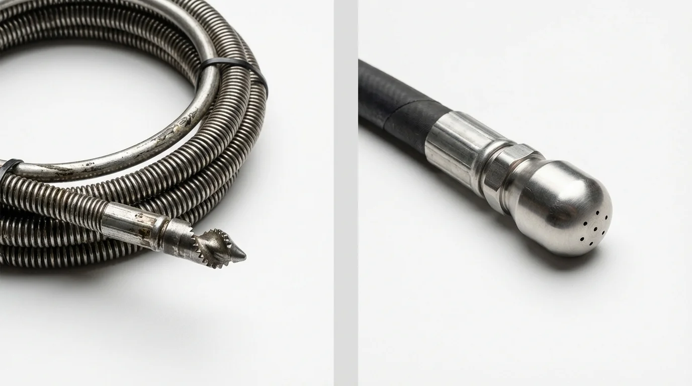 Drain snake cable and hydro jetting nozzle used for drain cleaning in West Jefferson, OH