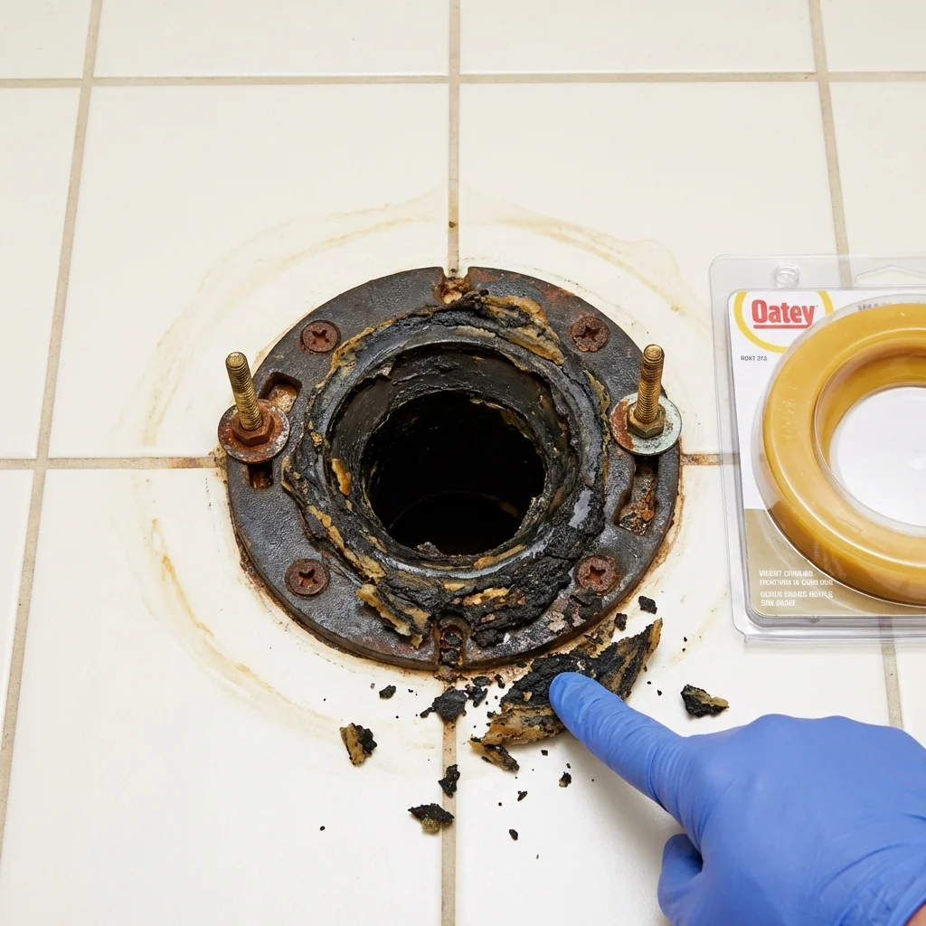Failed wax ring showing water seepage at the base of a toilet in a West Jefferson, OH home