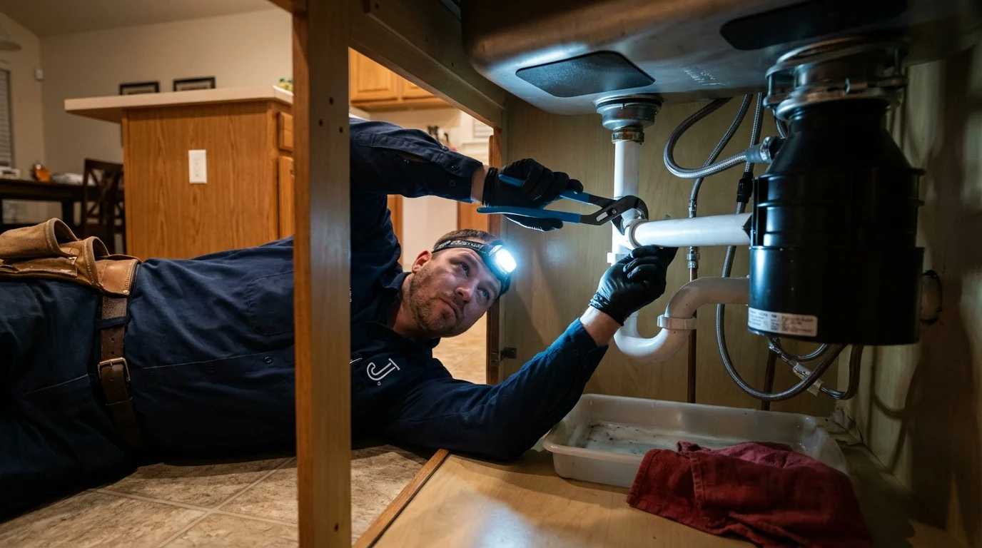 P-trap and supply line connections under a kitchen sink showing a common leak point in West Jefferson, OH
